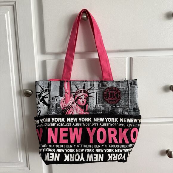 Robin Ruth New York Statue of Liberty Tote Bag Pink & Black Zip Top - Picture 1 of 5